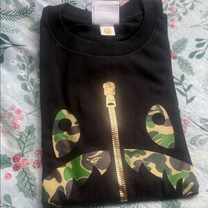 Bape Black Tee with Gold and Green Camo Design